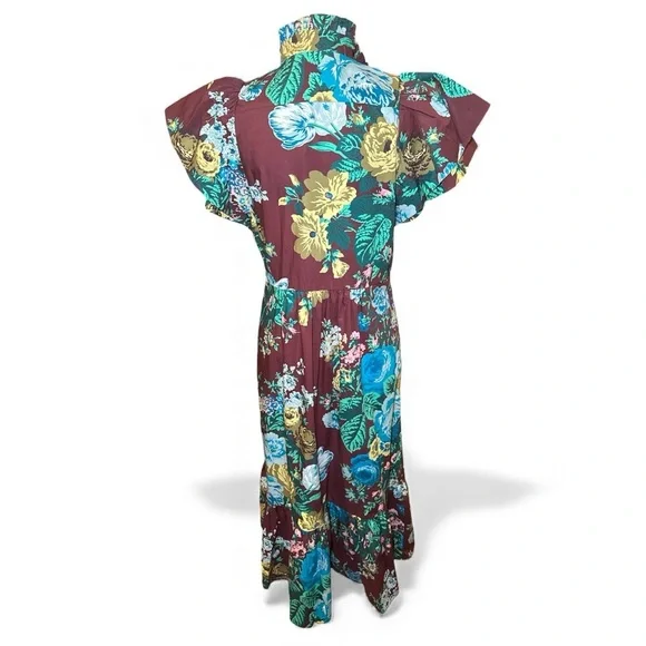 Tuckernuck Alice Verdant Floral Midi Dress NWT Small Oxblood Ruffle Sleeve - Picture 4 of 14